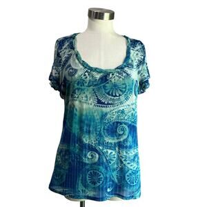 Y2K Axcess Mesh Blue & Green Floral Short Sleeve Blouse Size XL